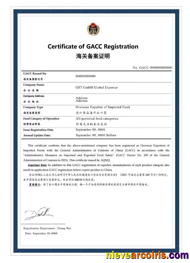 Certificate of GACC registration
